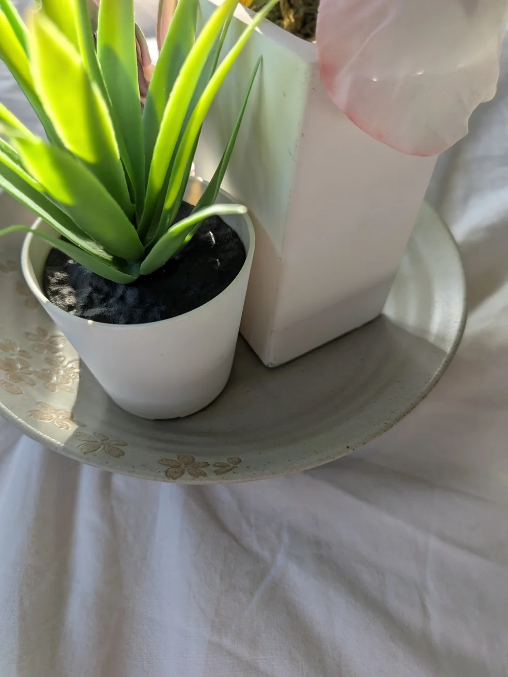 World Market Clay Dish With Artificial Pink Peony And Succulents